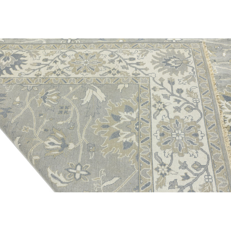 Floral Handmade Hand-Knotted Rectangle 9'1" x 11'10" Wool Area Rug in Cream