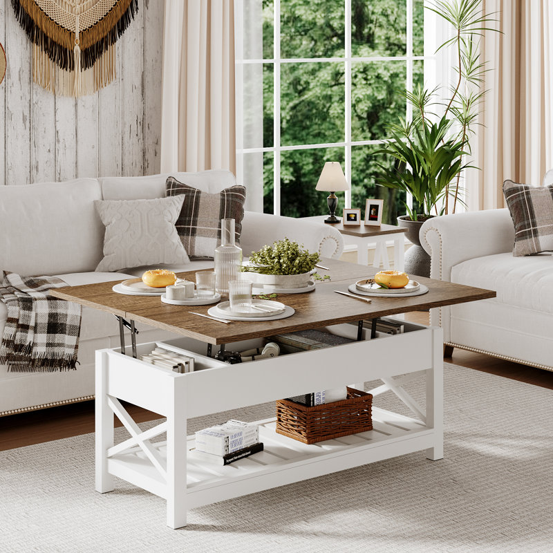 Table basse Keilan, Plateau en bois brun foncé / base blanche, Blanc