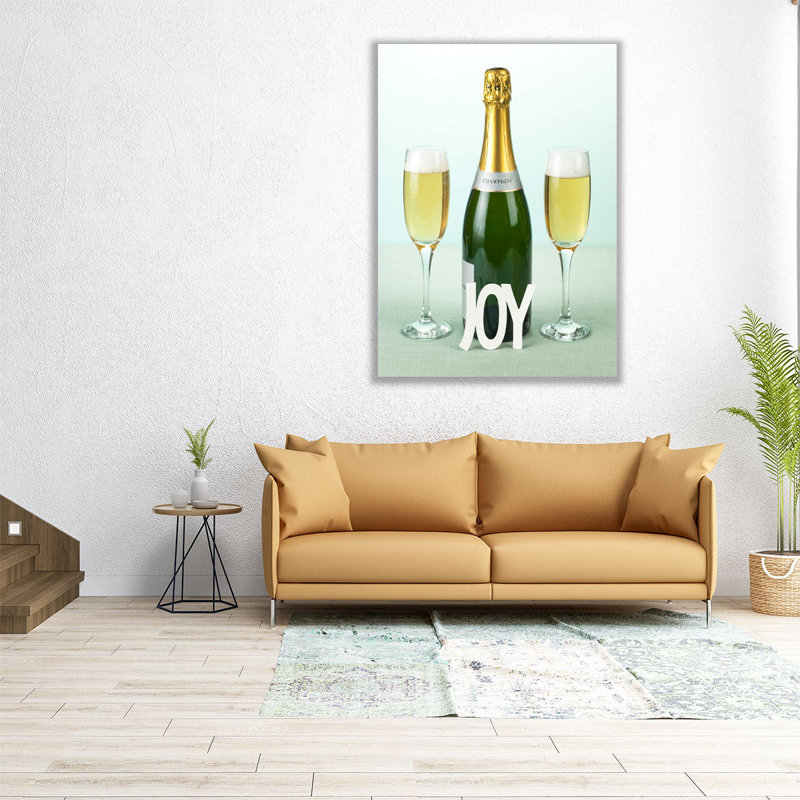 «Champagne Bottle and Glasses With The Letters Joy», reproduction d'art sur toile, H 24 po x l 18 po