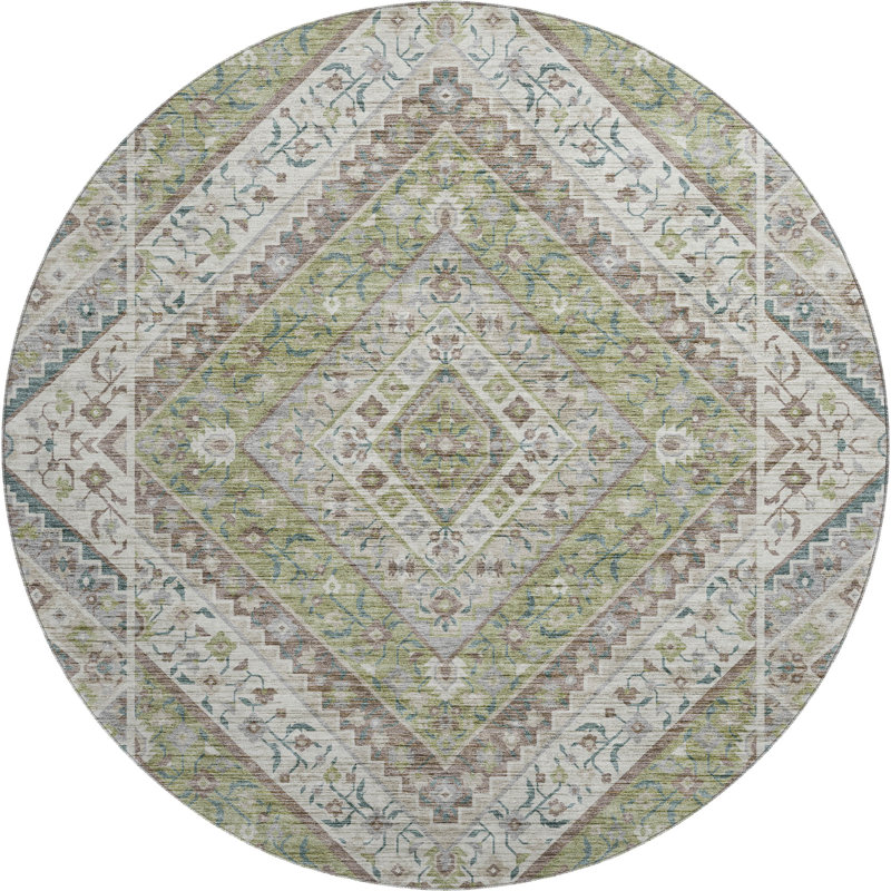 Premium Machine Washable Mayfield AMF2195 geometric Rug, Aloe, 8' Round