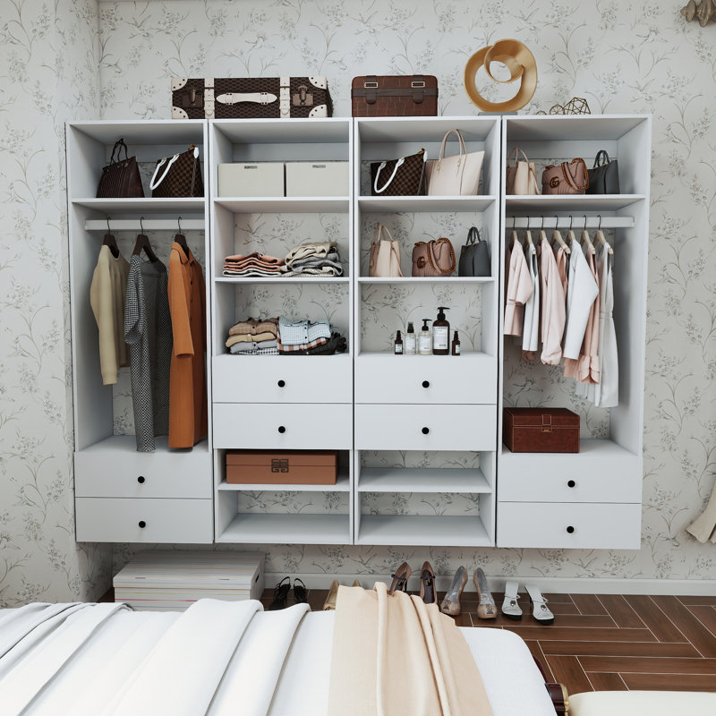 White Modular Closet System 70.2'H x 93.6'W x 17.16'D with 12 shelves,2 rods and 8 drawers