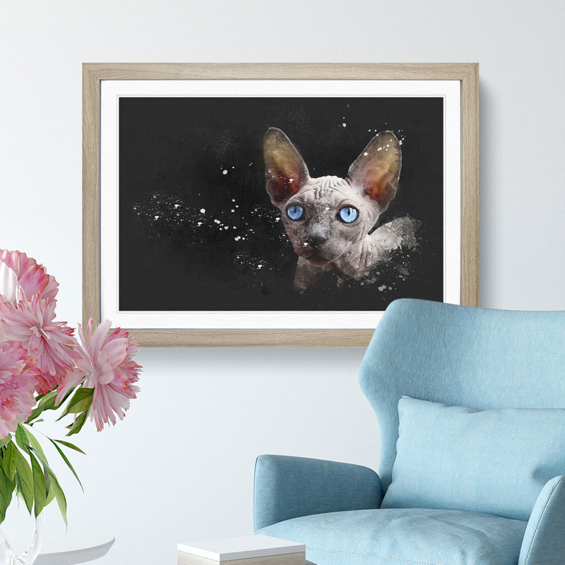 Blue Eyed Sphynx Cat - Single Picture Frame Painting on MDF, 45cm H x 63cm W x 2cm D, Oak Framed