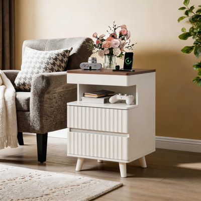 Modern Wood Nightstand With Hidden Drawer, Led Light & Charging Station