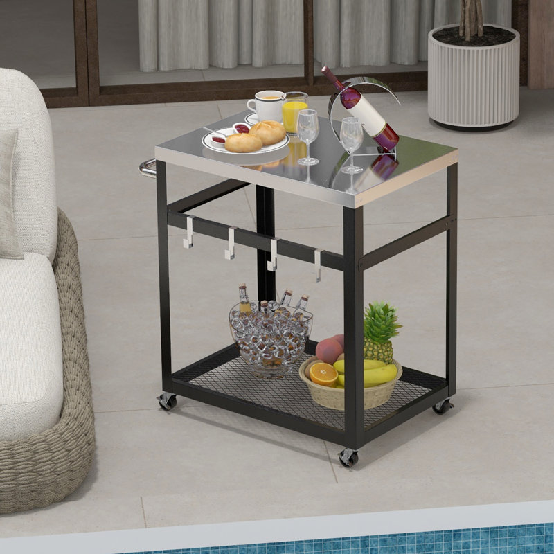 Table de cuisson en acier inoxydable à 2 niveaux avec roulettes et poignée 4 crochets Ebern Designs