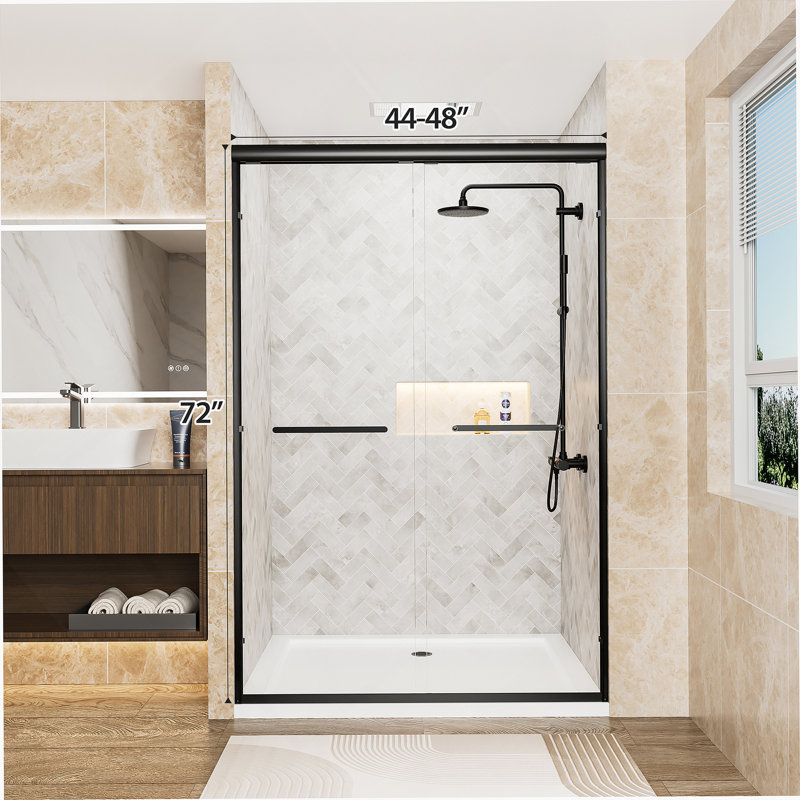 Aluminum Frame Double Sliding Shower Door, Tempered Glass Shower Door With Explosion-Proof Film And Stainless Steel Handles