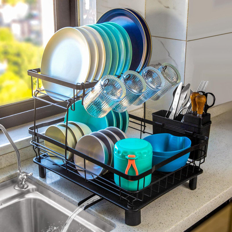 Gray Metal 2-Tier Dish Drying Rack with Utensil Holder