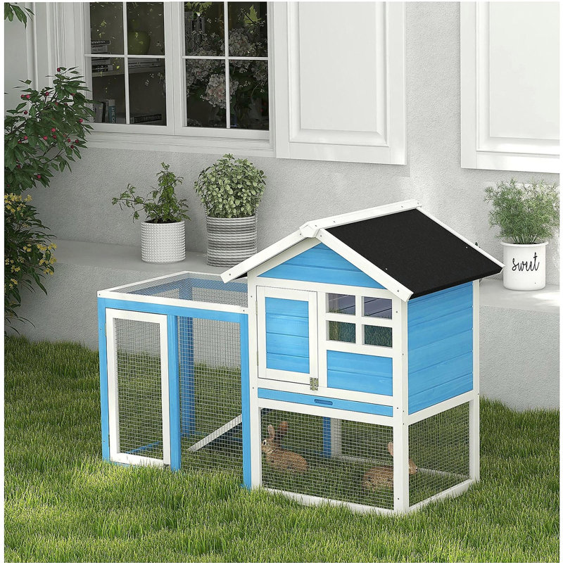 Cage à lapin en bois 48 po avec toit en asphalte imperméable PawHut, course extérieure amusante, plateau et rampe amovibles, bleu clair
