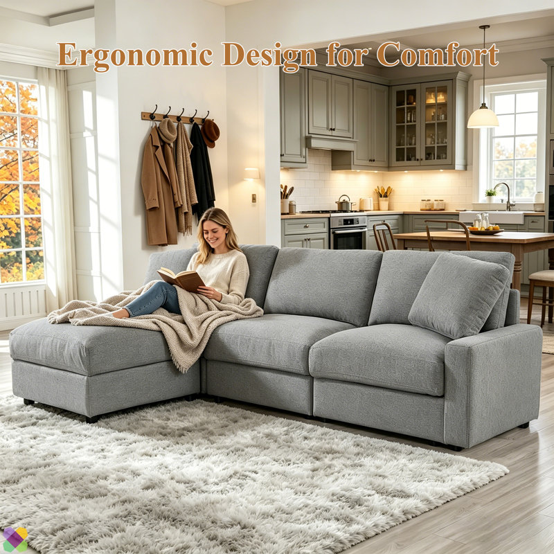 Canapé modulaire l 104,00 po avec rangement sous chaque siège, canapé en tissu en forme de L avec repose-pieds mobile et 2 coussins décoratifs pour le salon