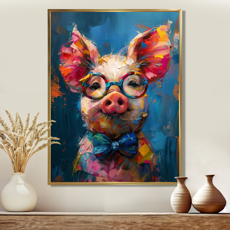 Curieux portrait de cochon bleu et rose, Toile avec cadre flottant or, H 20 po x l 12 po x P 1 po