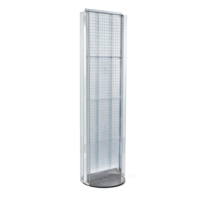 Présentoir de plancher perforé à deux côtés avec côtés en C sur base pivotante. Support à roulettes. Taille du panneau: l 16 po x H 60 po sur base pivotante