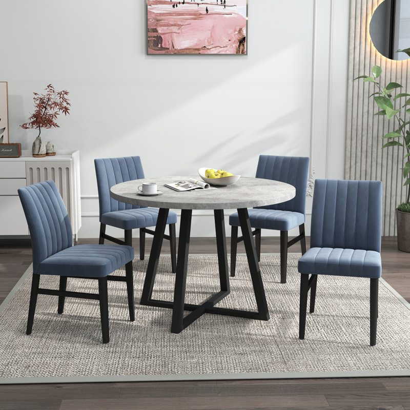 Roundhill Furniture Edo 5-Piece Dining Set, Round Trestle Table And 4 Upholstered Chairs, Gray And Blue, Blue