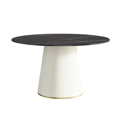 Table de salle à manger moderne - pierre artificielle noire de 53 po avec base en contreplaqué de polyuréthane beige pouvant accueillir 6 sièges teintés et thermolaqués de 54,23 po pour les produits chimiques, sans odeur