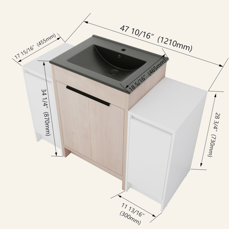 Meuble-lavabo autoportant de 48 pouces avec lavabo en céramique noire et 2 armoires de rangement, porte à fermeture douce, armoire combinée
