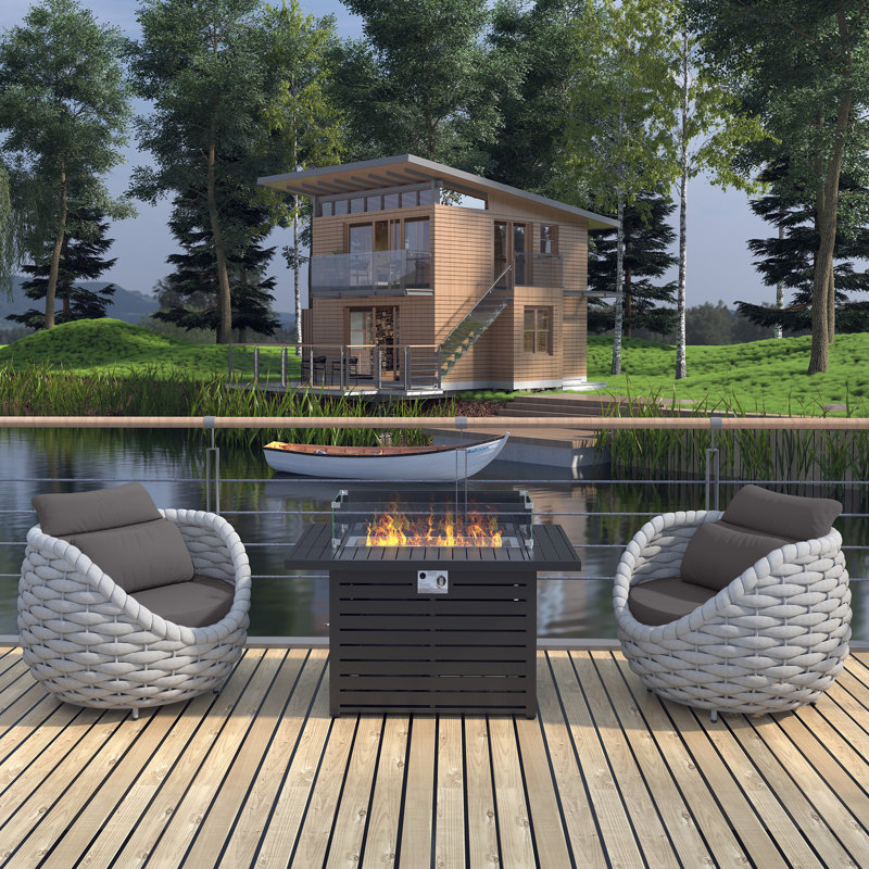 Modern Patio Furniture 3-Piece Outdoor Conversation Set Weather-Resistant Rope Lounge Chairs with Easy Assembly Fire Pit for Backyard