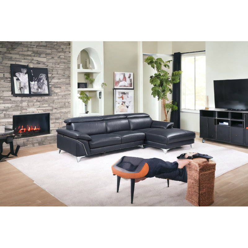Navy Blue Italian Leather L Shaped Two Piece Sofa and Chaise Sectional Navy Blue Italian Leather L Shaped Two Piece Sofa and Chaise Sectional