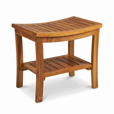 Banc de douche 21 po intérieur / extérieur en bois de teck avec panier en osier tressé
