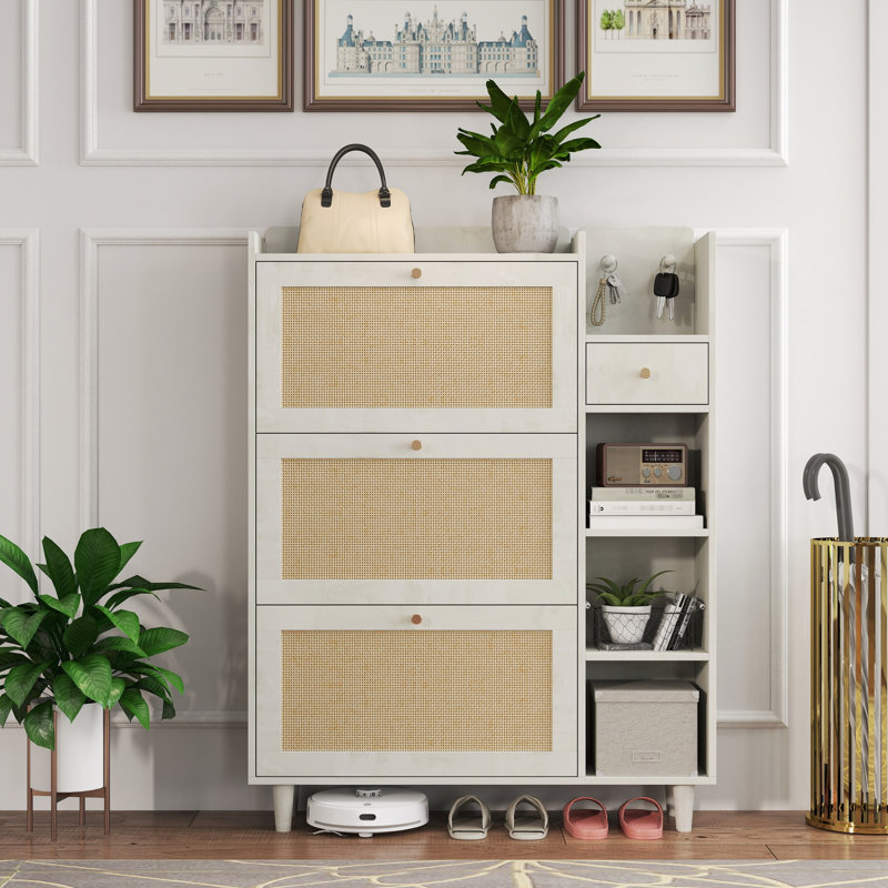 Range-chaussures autoportant avec 3 tablettes carrées, tiroirs rabattables, grande armoire de rangement blanche 1 tiroir, finition