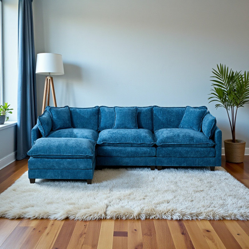 Geneveve 113.8"W Chenille Upholstered Sofa With Ottoman, 5 Compressed Pillows & Compressed Foam Cushions, Blue Chenille
