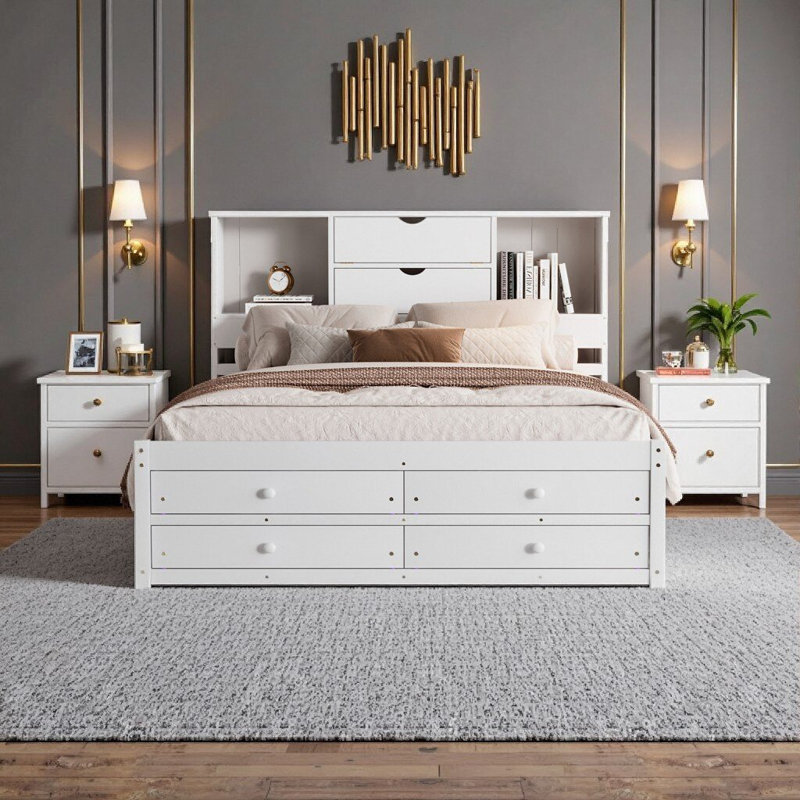 Queen Size Platform Bed with Storage Headboard & 8 Drawers - White, Solid Wood & MDF Frame, No Box Spring Needed
