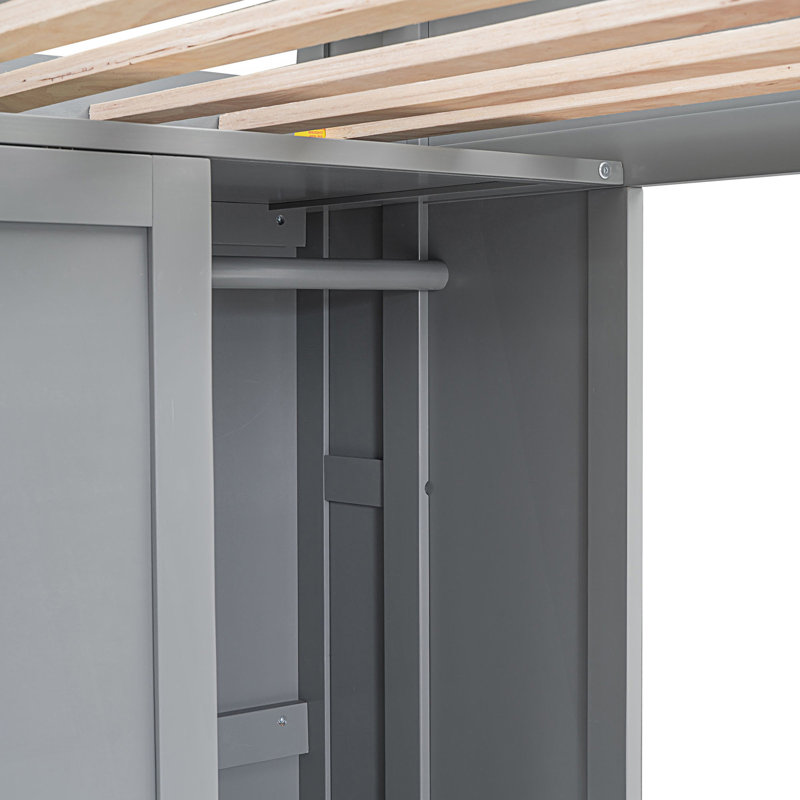Lit mezzanine simple avec plusieurs tablettes de rangement et garde-robe, Gris