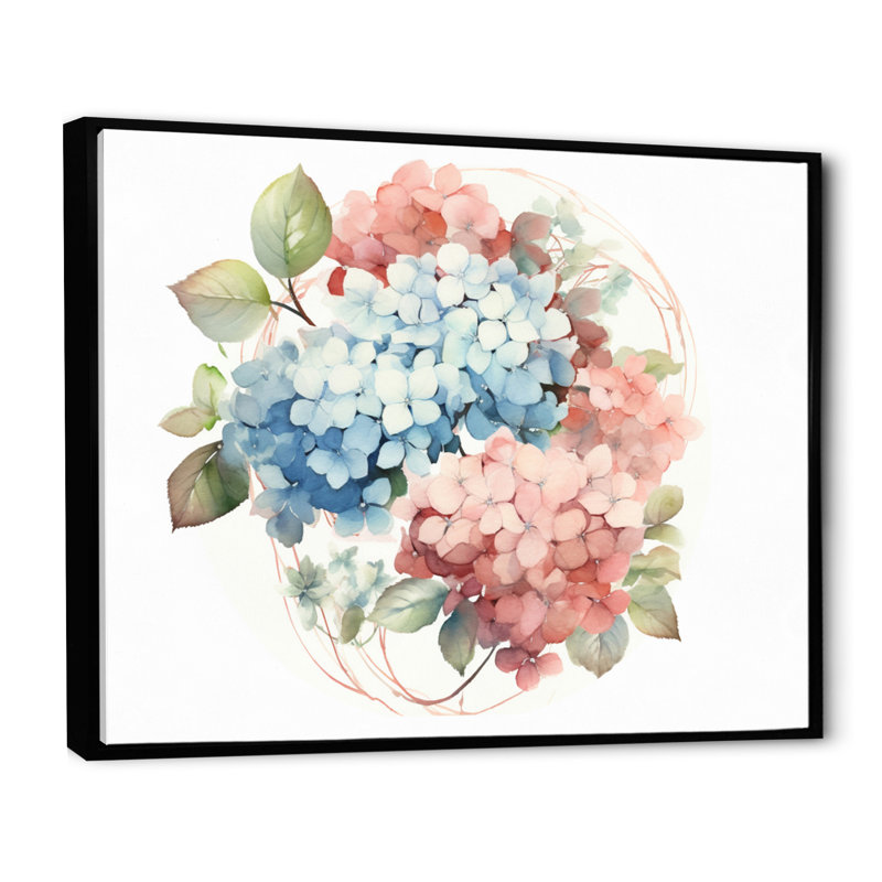 Hortensia rose, vert et fleurs II, Cadre flottant noir, H 24 po x l 32 po x P 1,5 po