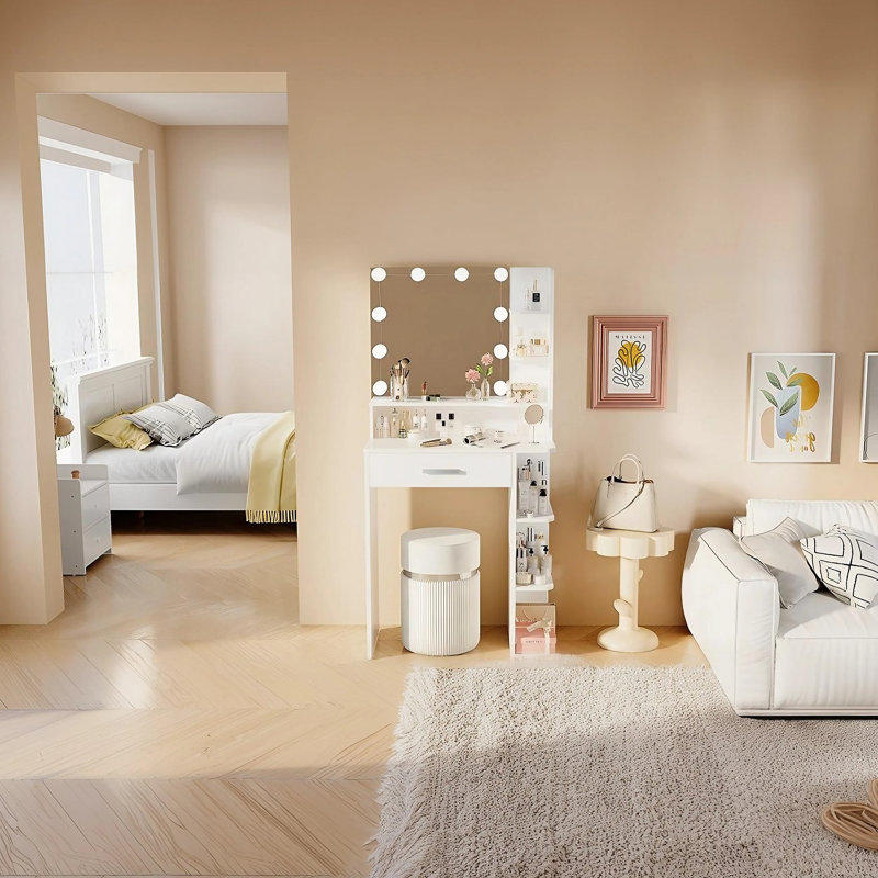 Makeup Vanity Desk With Mirror And Lights, With Large Drawer And 6 Level Storage, Large Led Mirror With 3 Color Lighting Modes