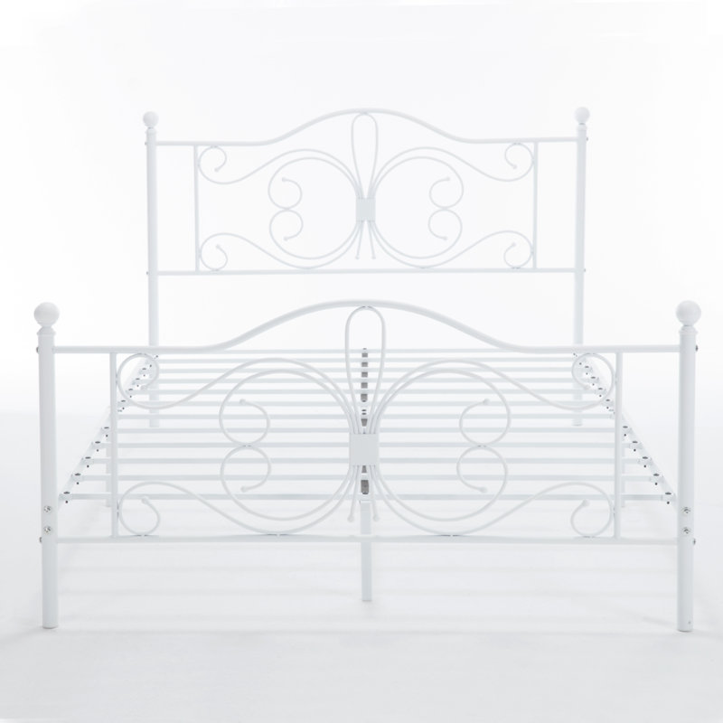 White Metal Queen Bed Frame with Butterfly Design Headboard and Footboard