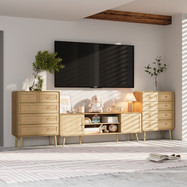 Modern Rattan-Style Entertainment Centre With Ample Storage And Sleek Design