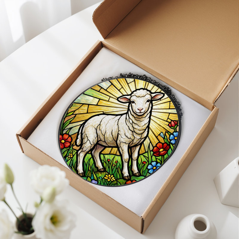 7.8"H Sheep Garden Stained Glass Window Panel, 7.8" H x 7.8" W