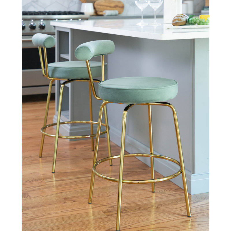 Kayson 25.5" Gold Swivel Upholstered Counter Stools, Sage Green Velvet