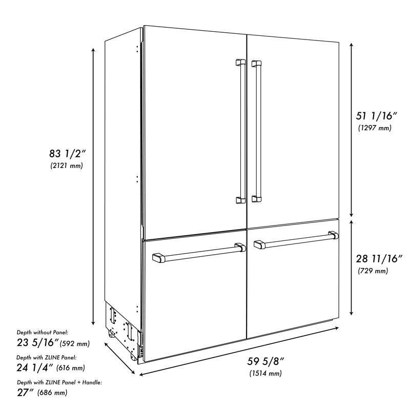 ZLINE 60 in. 32.2 cu. ft. French Door Built-In Bottom Freezer Refrigerator with Water Dispensers and Ice Makers in Satin Stainless Steel with Graphite Gray Interior