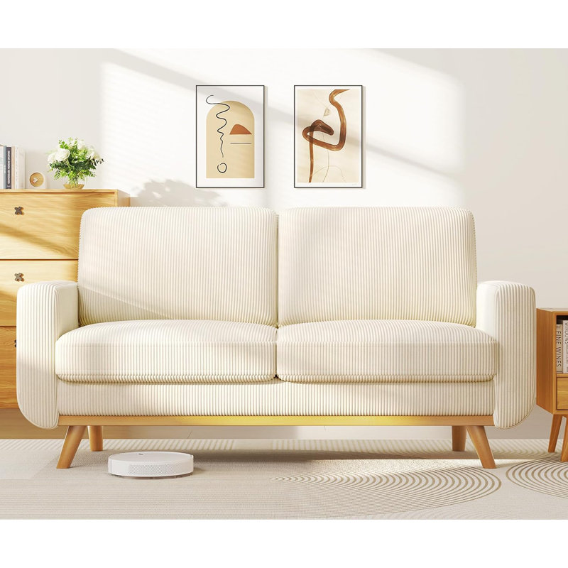 68" Beige Corduroy Loveseat Sofa with Oak Legs