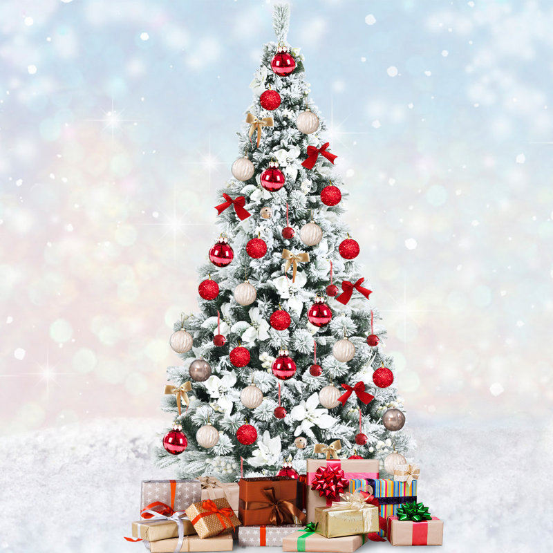 7-Foot Snow Flocked Pine Christmas Tree with White Berries and Flowers
