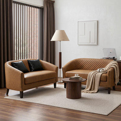 Curved Faux Leather Two-Seater Sofa With Solid Wood Frame