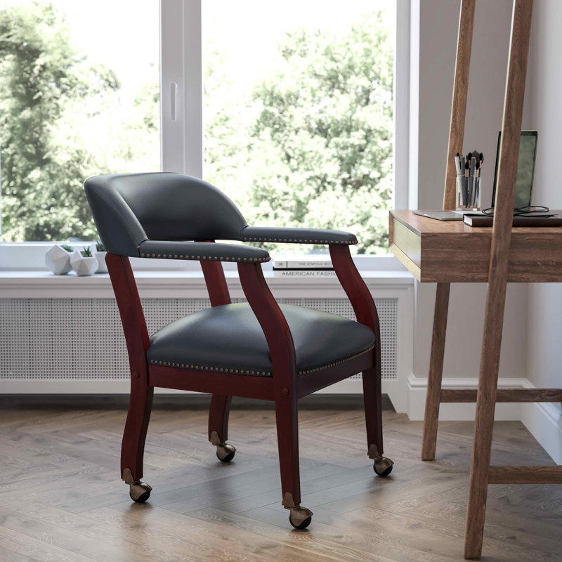 Navy Vinyl Captain's Conference Chair with Brass Casters and Mahogany Frame