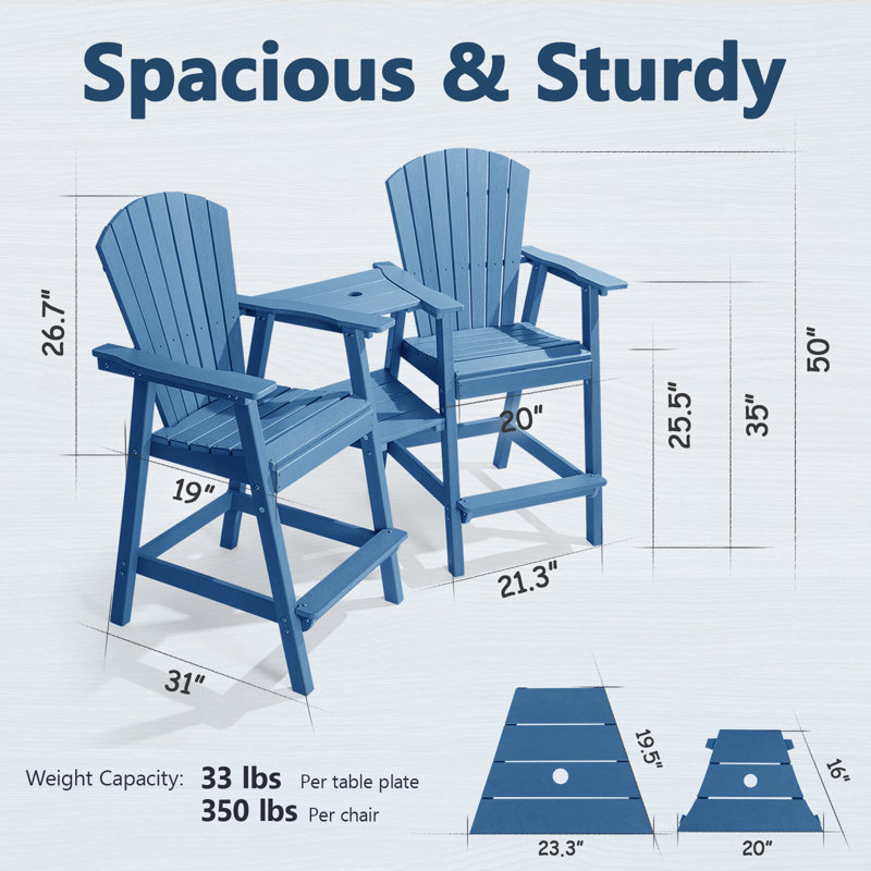 Ensemble de chaises hautes en PEHD Adirondack avec plateaux doubles amovibles (ensemble de 2), Bleu