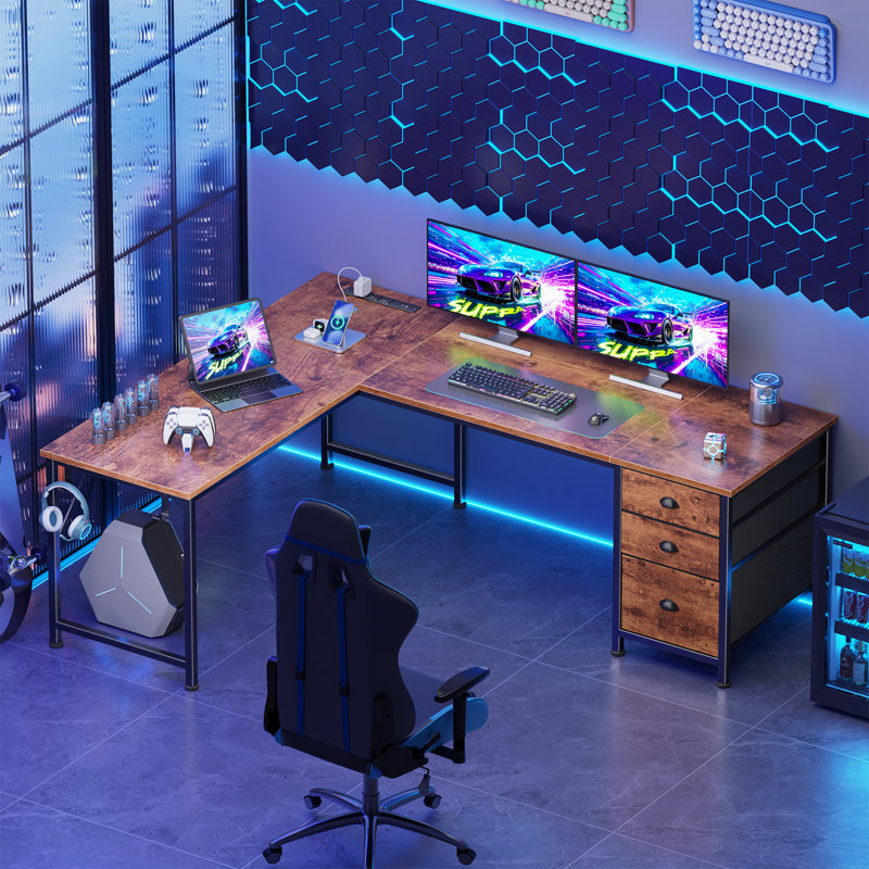 L-Shaped Desk with Power Outlets & Drawers, 3 Storage Shelves, Sturdy Steel Frame Corner Computer Desk for Home Office