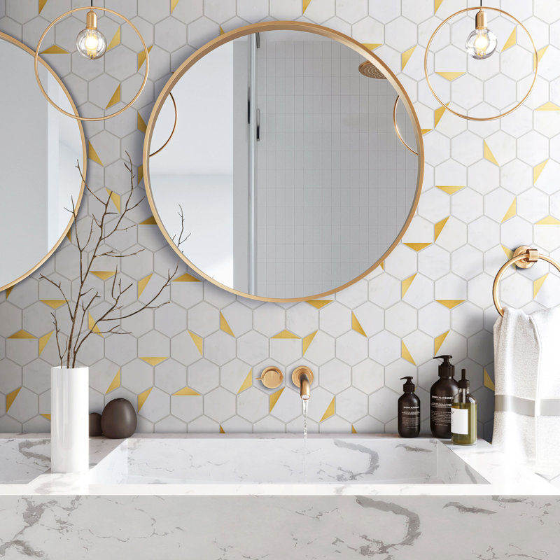 Natural Bianco 3" x 3" Marble Honeycomb Mosaic Wall Tile, Black/Gold