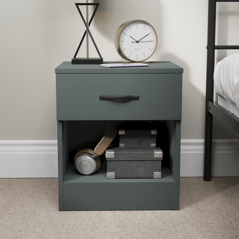Maybery 1 Drawer Bedside Table With Open Shelf, Bedroom Storage Cabinet, Jasper Green