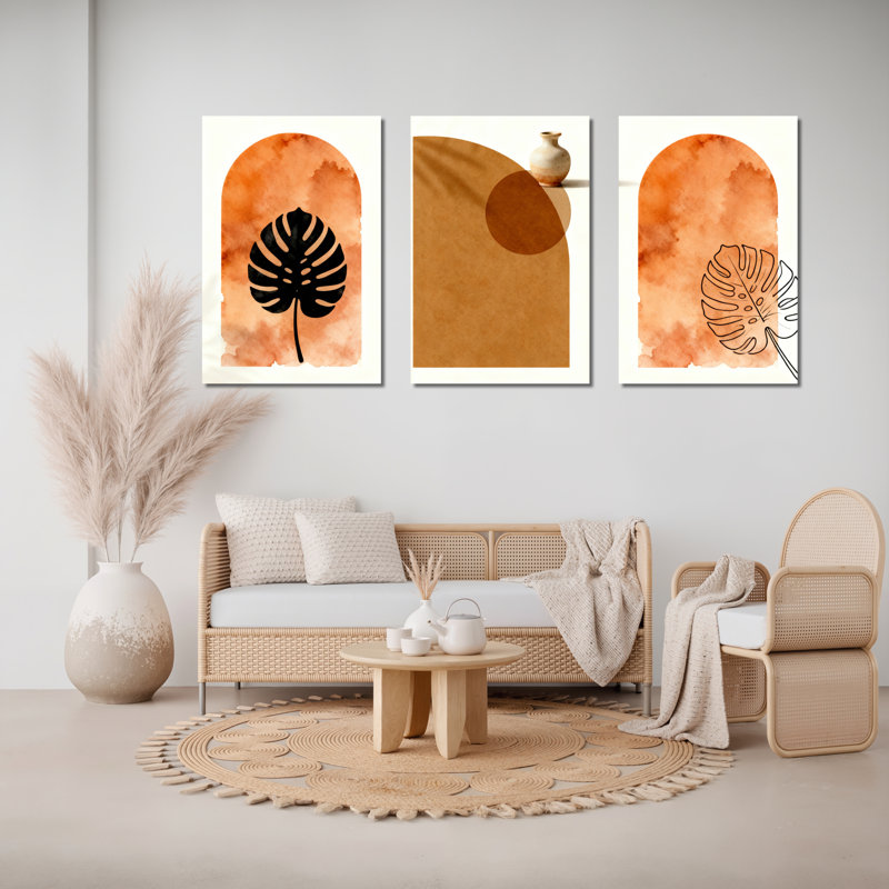Feuille de Monstera et art mural abstrait sur toile, style bohème moderne (ensemble de 3), H 36 po x l 72 po
