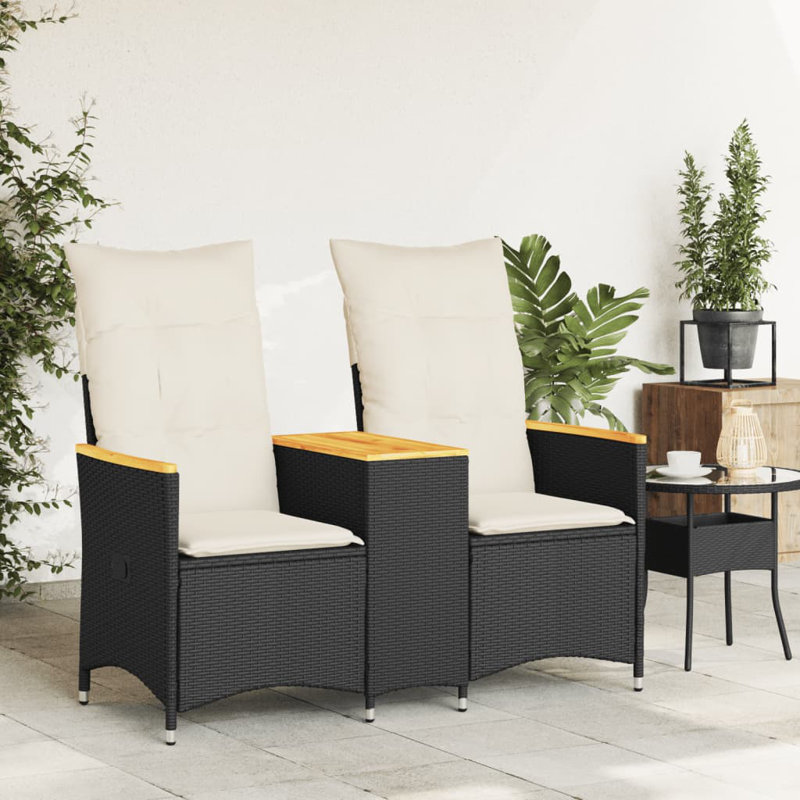  Reclining Garden Sofa Black PE Rattan 2-Seater, Oiled, Cream