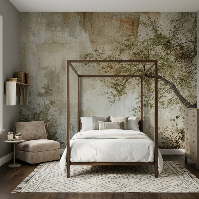 Tree Branches Wallpaper Delicate Leaves Removable Aged Plaster Wall Wall Decor, Non-Woven Nonpasted, 120"x96"