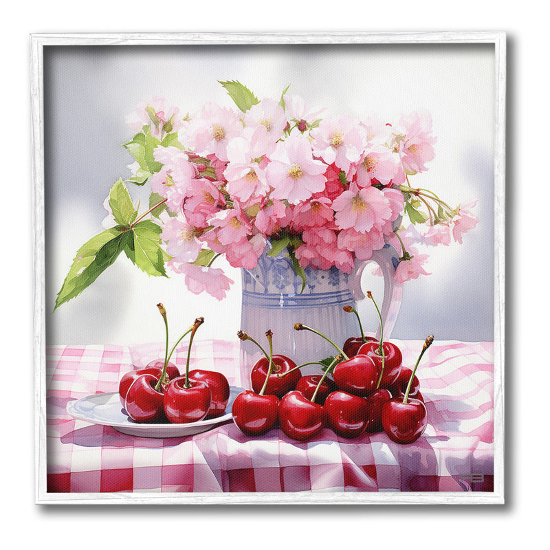 «Cherries & Blossoms Bouquet», art de la giclée encadrée par RB, Giclée encadrée blanc bord de mer, H 12 po x l 12 po