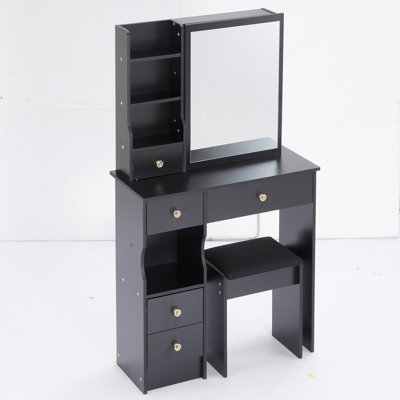 Petite coiffeuse 29,2 po avec tabouret de bureau à gauche et tabouret rembourré, très grand miroir coulissant à droite, rangement multicouche à grande capacité, commode pratique et pratique, convient aux petits espaces