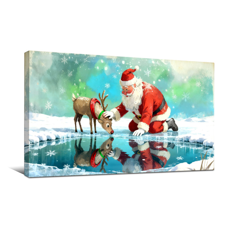 Noël, père Noël et renne près de l'étang, H 16 po x l 32 po