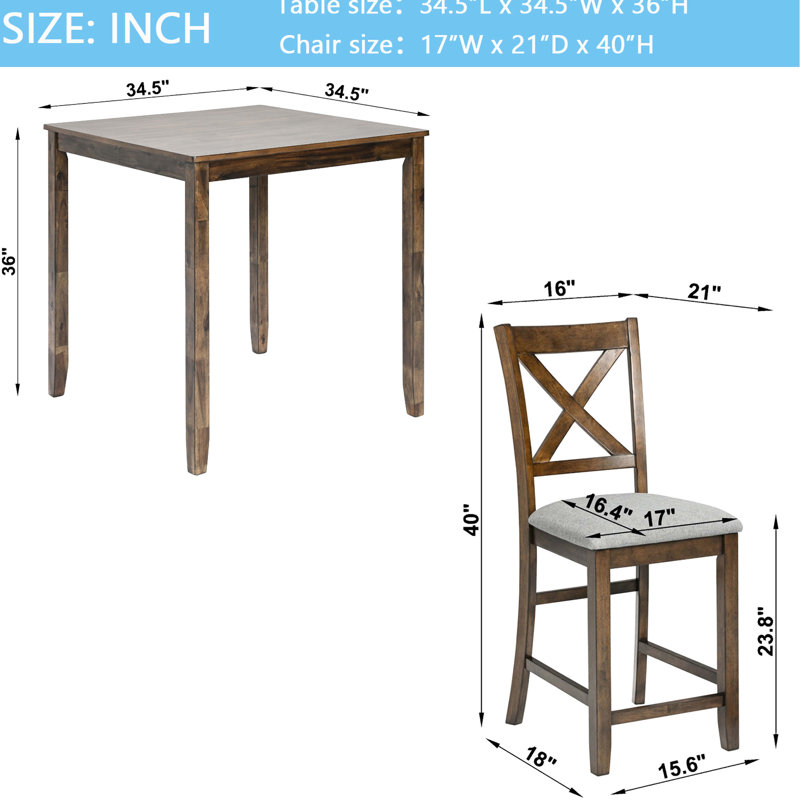 Ensemble de salle à manger 5 pièces en noyer, comprenant une table carrée et 4 chaises rembourrées, idéal pour les petits espaces. Chaises confortables et ergonomiques.