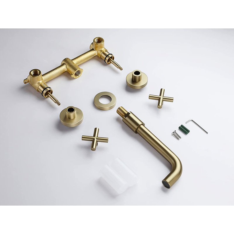 Bathroom Wall Mount Faucet Brushed Gold - Solid Brass, Long-Lasting Finish, 2 Handles Basin In Easy Installation Process,