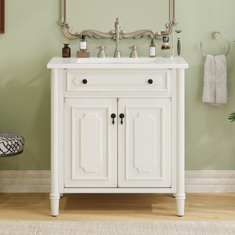 Meuble-lavabo de salle de bain rétro 31 po avec lavabo, armoire de salle de bain rustique avec portes à fermeture en douceur et tablette réglable, conception à profil courbé, pieds en bois d'hévéa, blanc