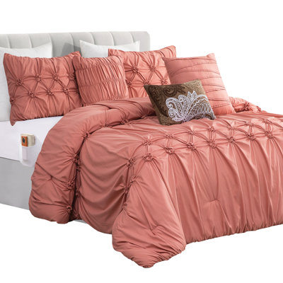 12-Piece Bed-In-A-Bag, Ella Pleated Ruched Pintuck Comforter Set, 6-Piece Sheet Set Featuring Smart Pockets, Matching Decorative Pillows, All Season Bedding