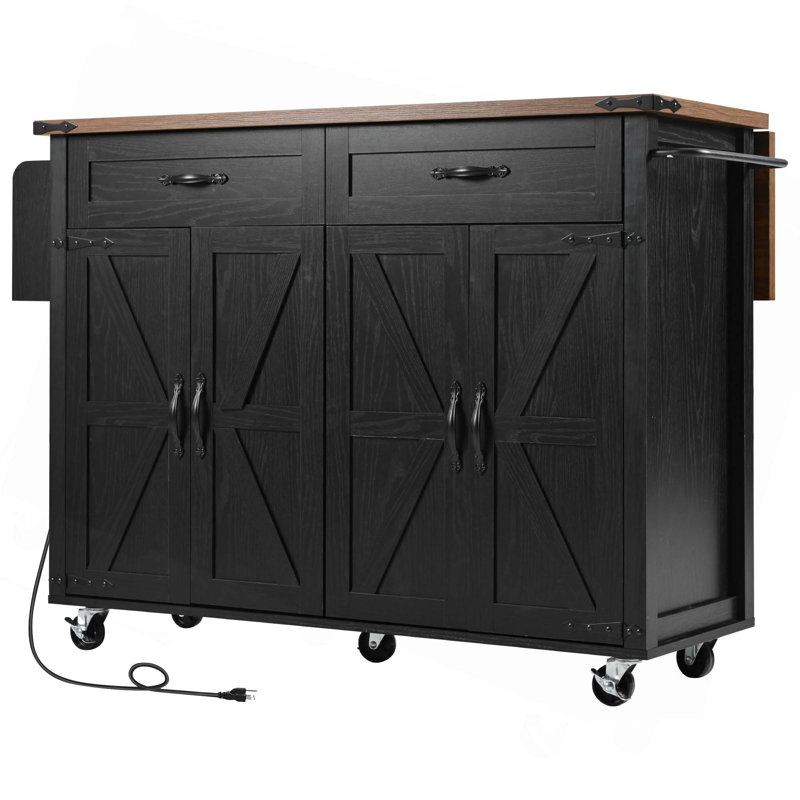 Durarte 53.5"W Kitchen Island, Locking Wheels, Drop Leaf, Black, Manufactured Wood